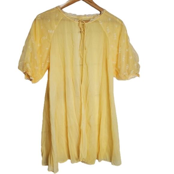 Vintage Warner's Robe Womens Medium Yellow 50s Lace Lingerie Floral Coquette - Picture 1 of 13